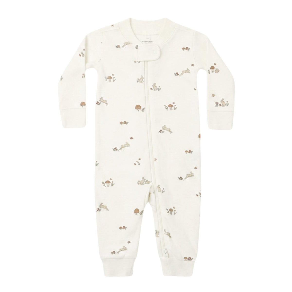 An off-white long-sleeve baby sleeper with a front zipper and a scattered print of small brown animals and flowers, shown against a plain white background.