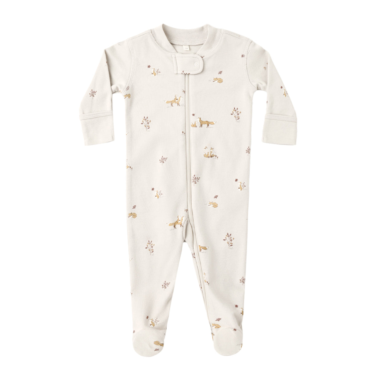 Zip front baby footie with animal print on a white background