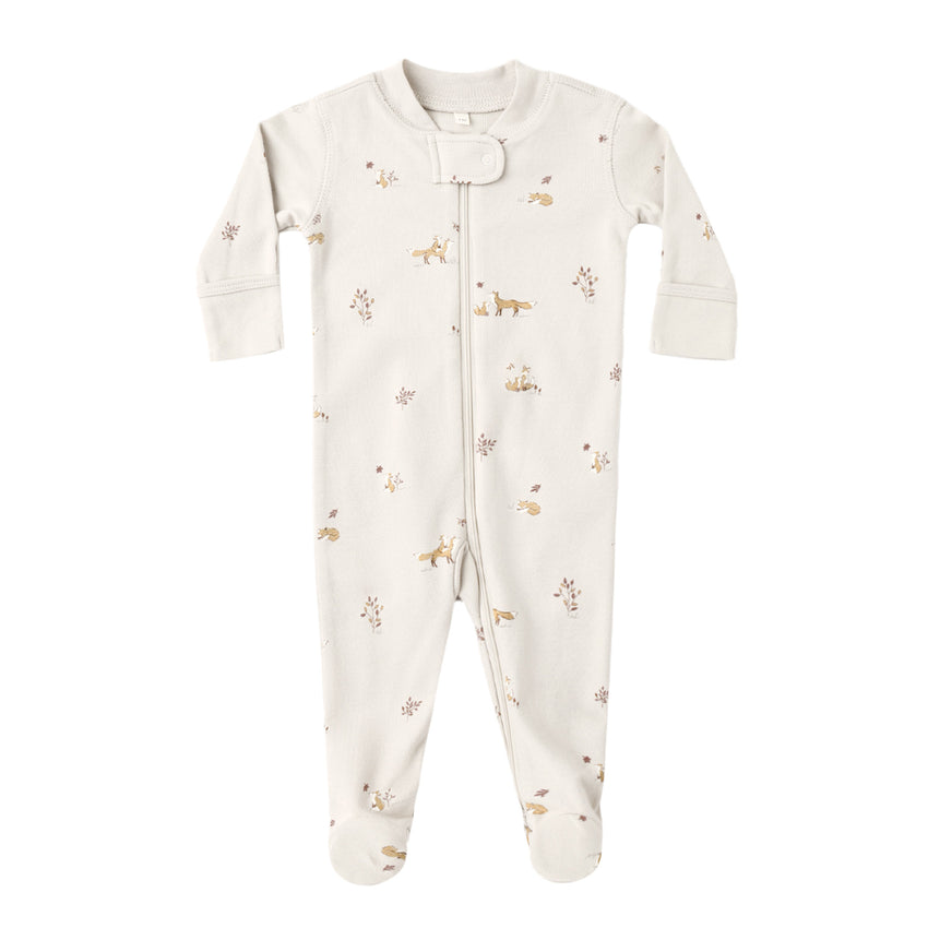 Zip front baby footie with animal print on a white background