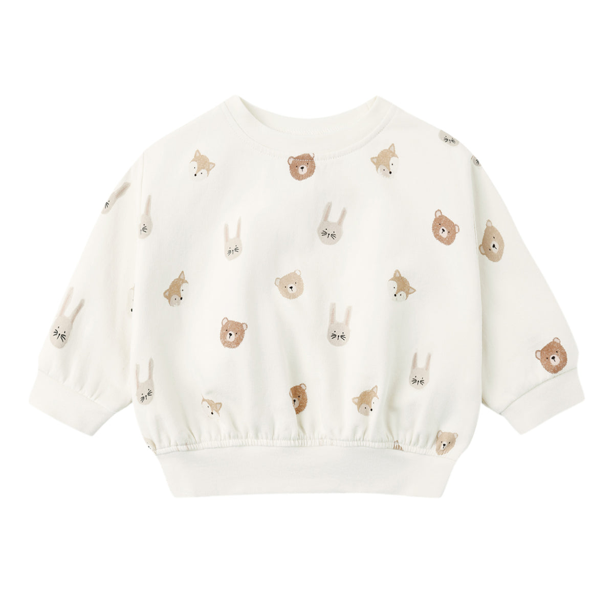 White sweatshirt with bear and bunny pattern on a white background.