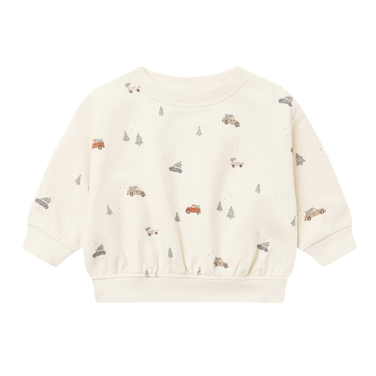 Beige sweatshirt with small vehicle prints on a white background.