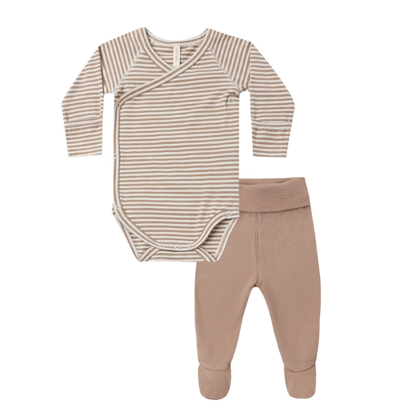 Baby outfit set with striped bodysuit and solid brown pull on pants on a white background.