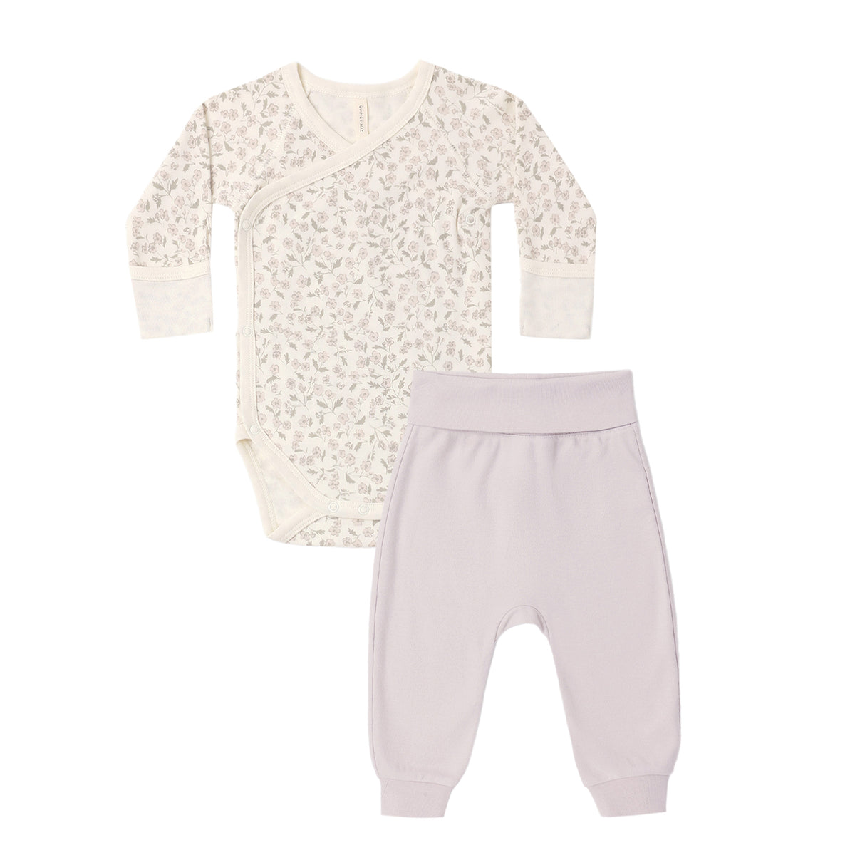 Baby outfit with long-sleeve onesie  and pants on a white background.