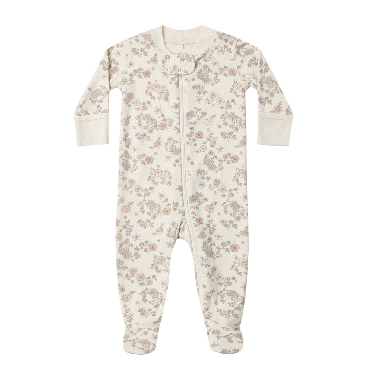 Floral patterned baby footie on a white background.