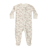 Floral patterned baby footie on a white background.