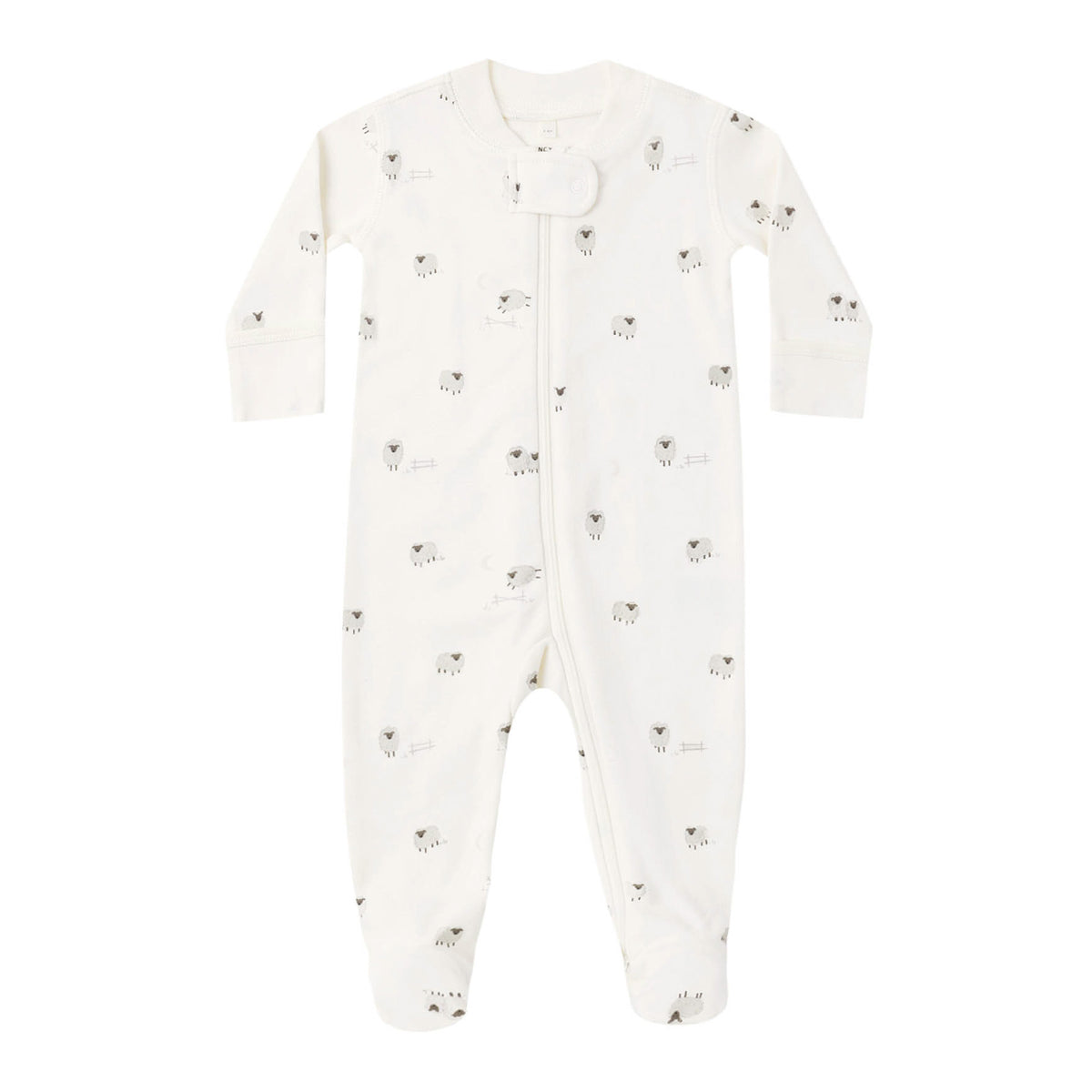 White baby footie  with small sheep patterns on a white background.