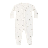 White baby footie  with small sheep patterns on a white background.