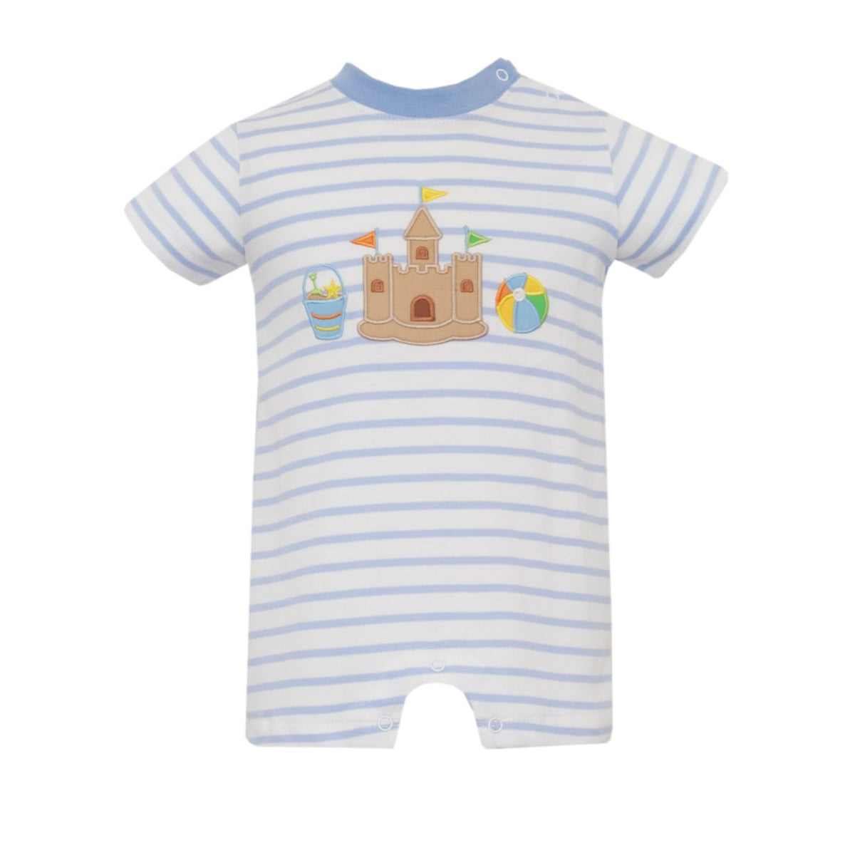 Blue Knit Stripe Romper with Sand castle