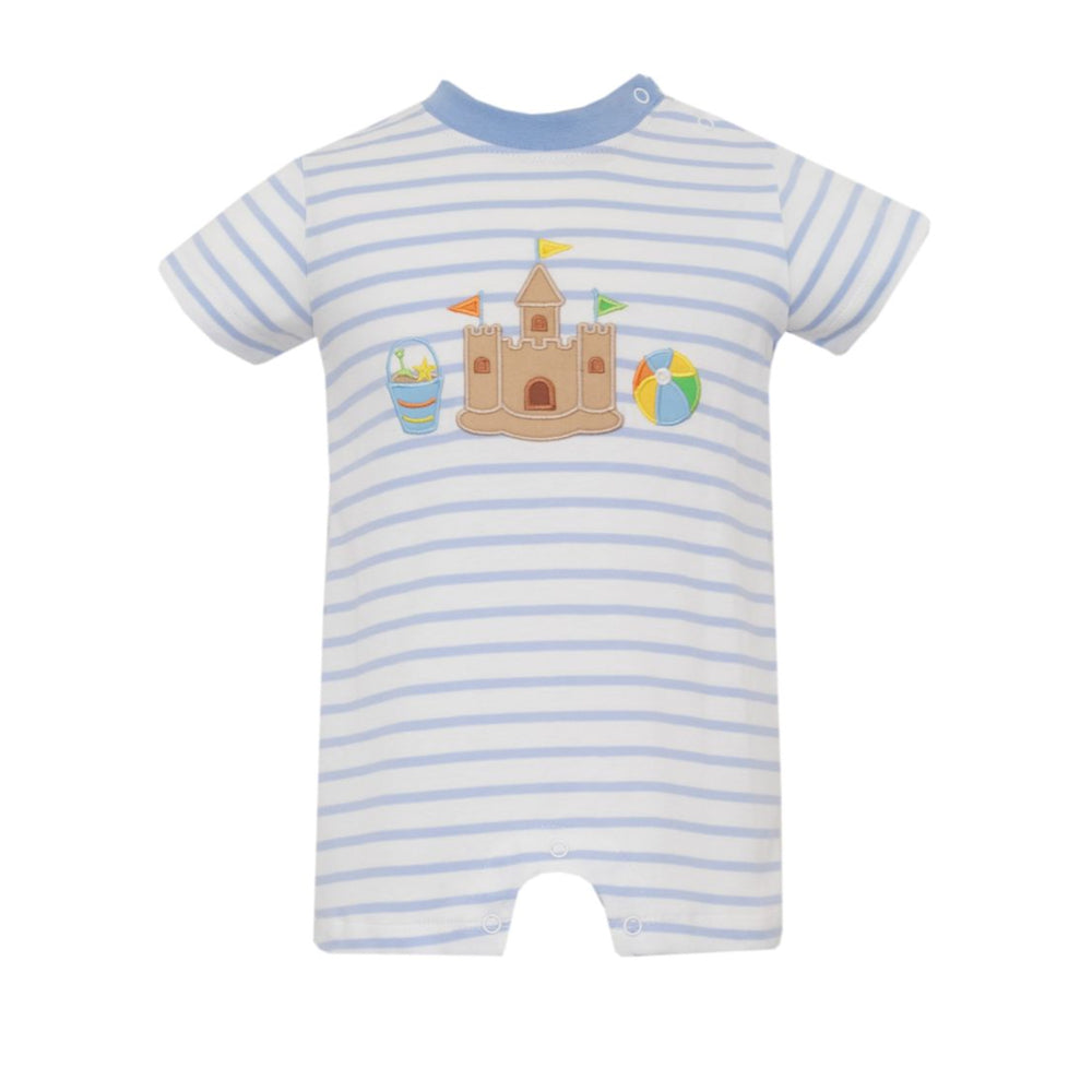 Blue Knit Stripe Romper with Sand castle