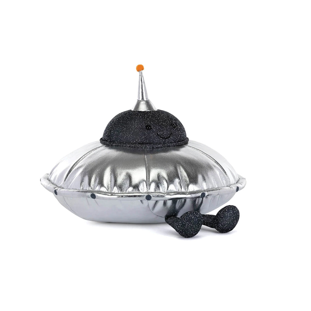 Toy flying silver saucer on a white background.