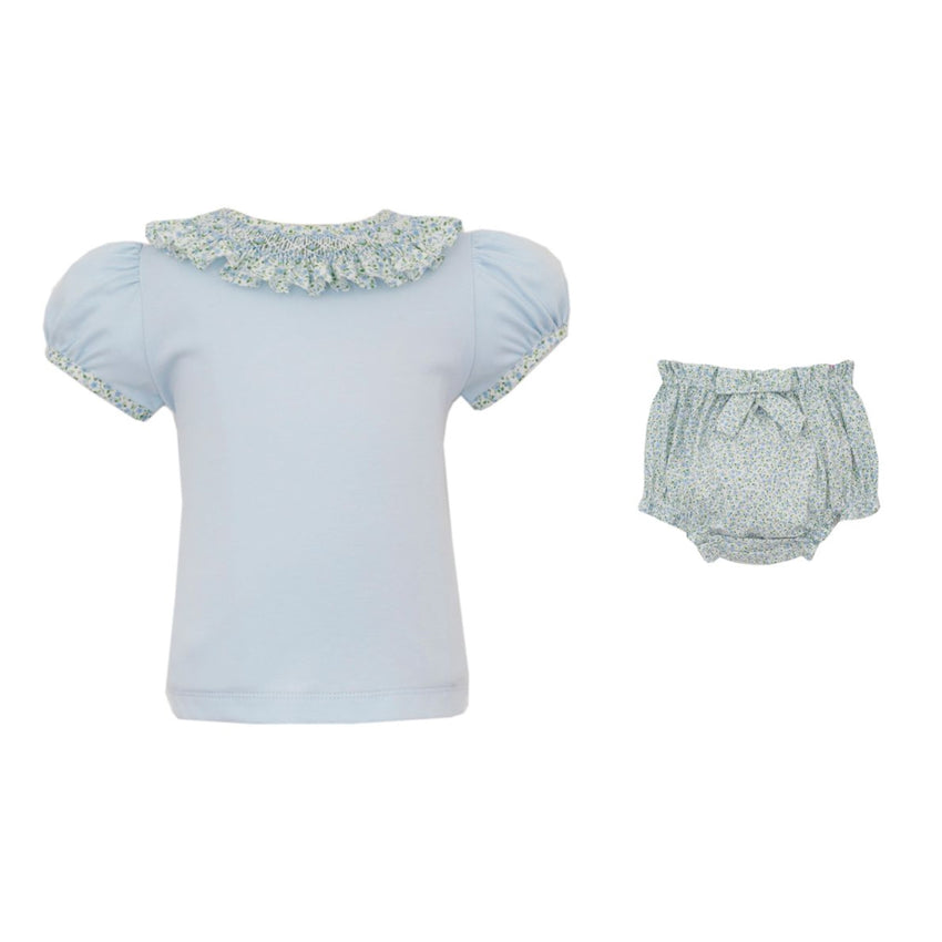 Light Blue Floral Bloomer Set with Smoked Light Blue Blouse