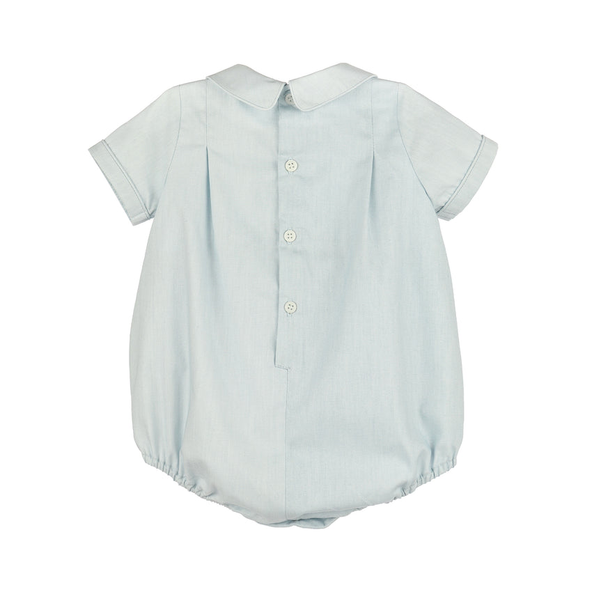 Back of light blue baby romper with collar on a white background.