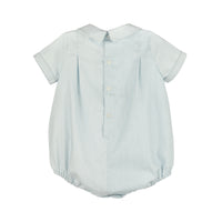 Back of light blue baby romper with collar on a white background.