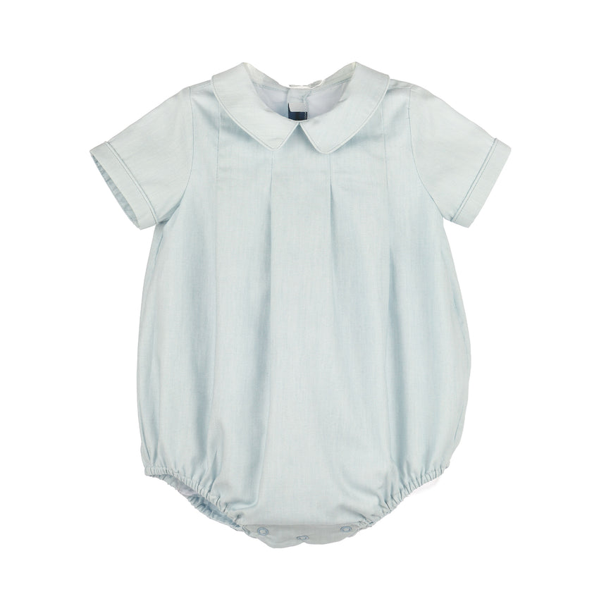 Light blue baby romper with a collar on a white background.