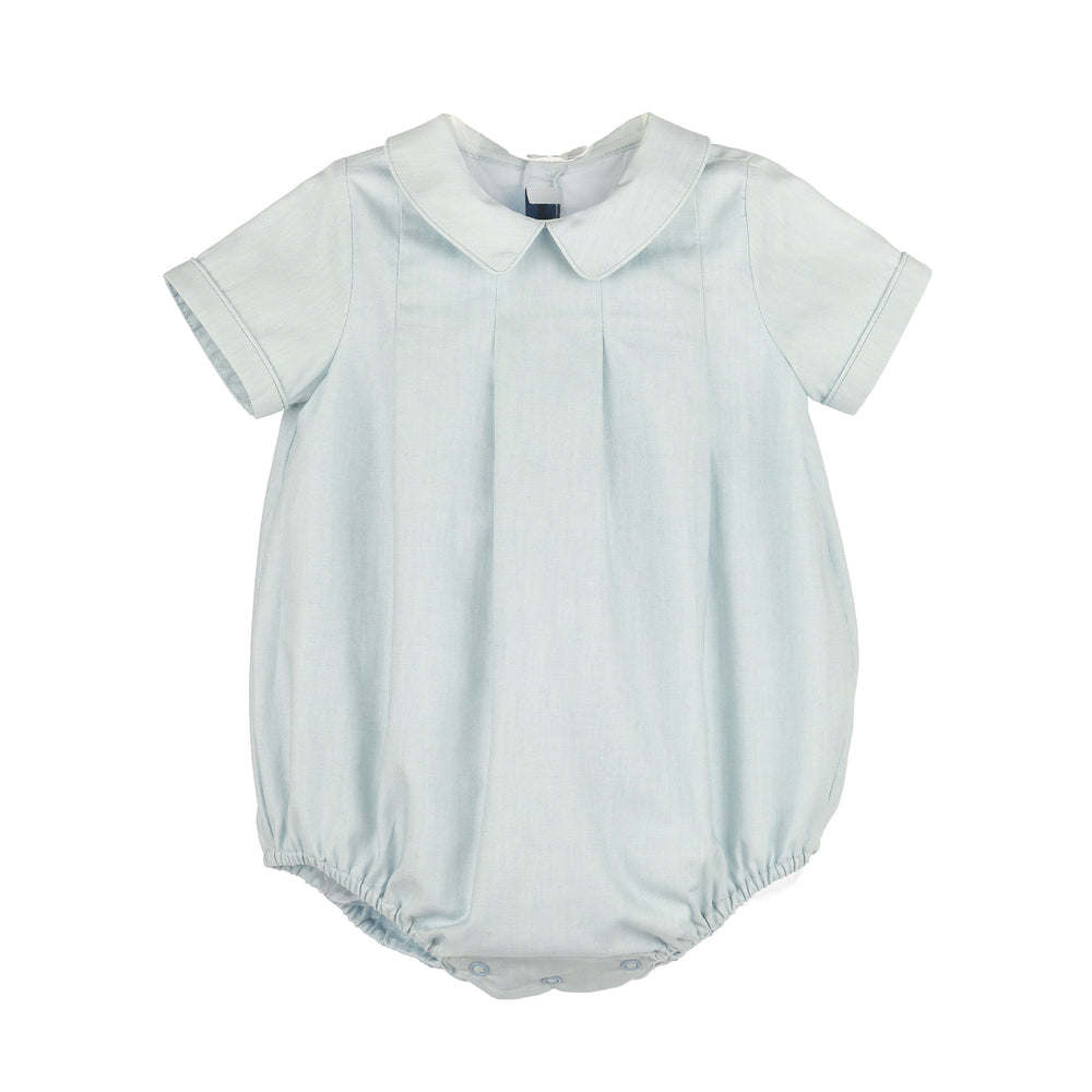 Light blue baby romper with a collar on a white background.