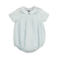 Light blue baby romper with a collar on a white background.