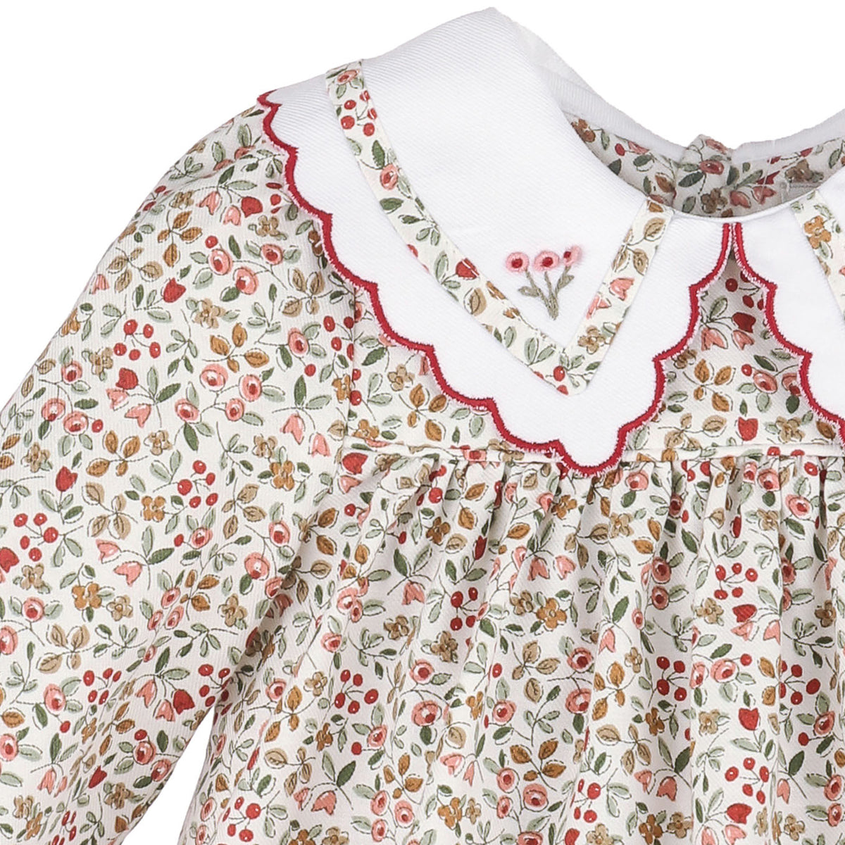 A close-up of a long-sleeve dress featuring a delicate red, pink, and green floral print on an off-white background, with a contrasting white Peter Pan collar trimmed in red and white.