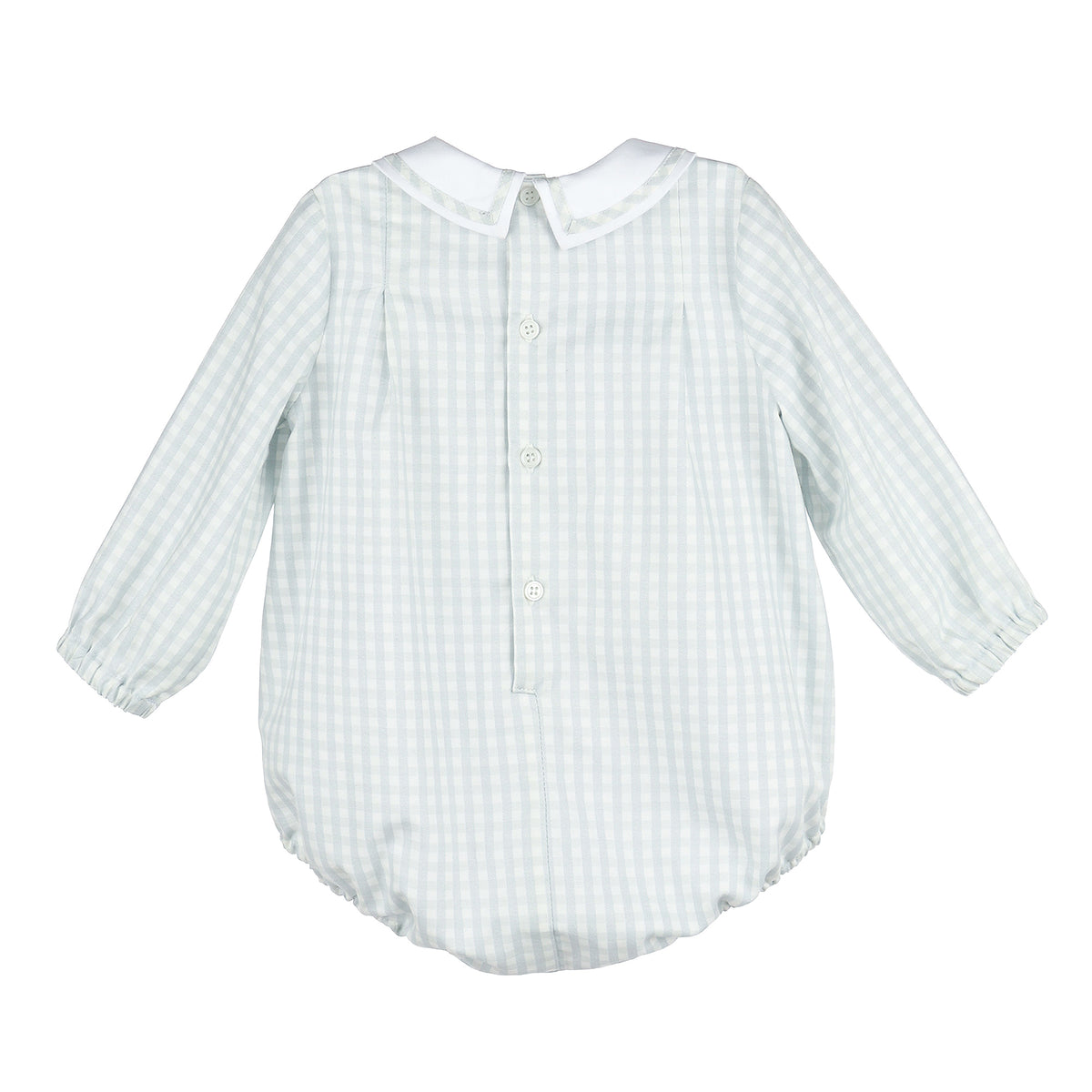 Back of long sleeved frosty blue and white baby romper  on a white background.