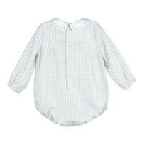 Back of long sleeved frosty blue and white baby romper  on a white background.