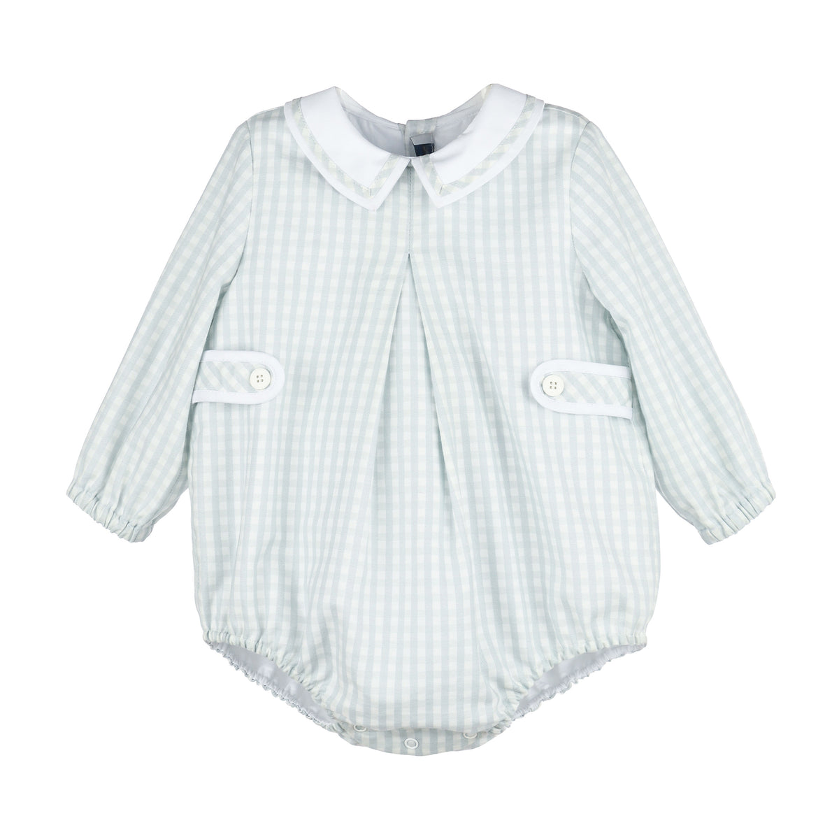 Long sleeved frosty blue and white striped baby romper with side tabs on a white background.