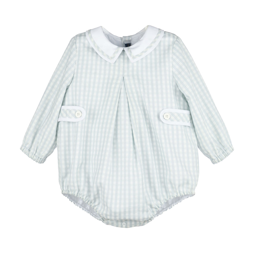 Long sleeved frosty blue and white striped baby romper with side tabs on a white background.
