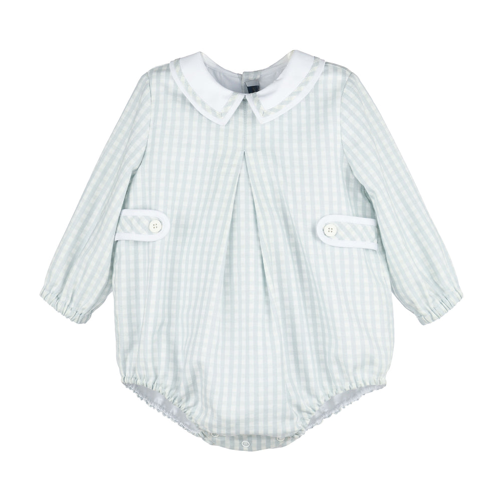 Long sleeved frosty blue and white striped baby romper with side tabs on a white background.