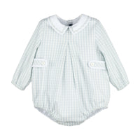 Long sleeved frosty blue and white striped baby romper with side tabs on a white background.