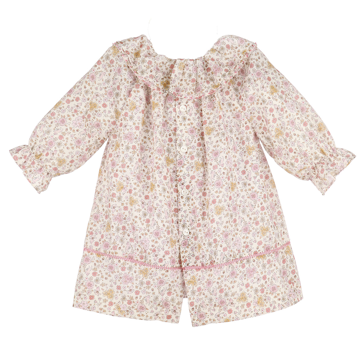Back of floral dress with long sleeves on a white background.