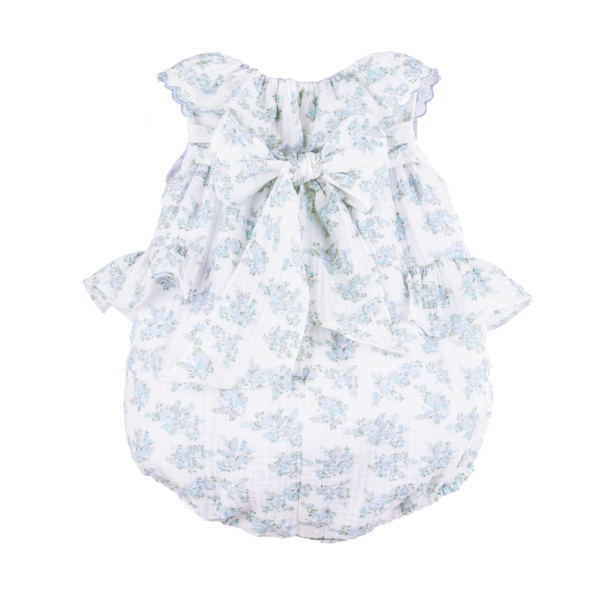 Back view of a white baby romper with blue floral pattern and ruffles on the side on a white background.