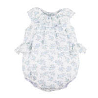 Baby romper with a blue floral pattern and side ruffles on a white background