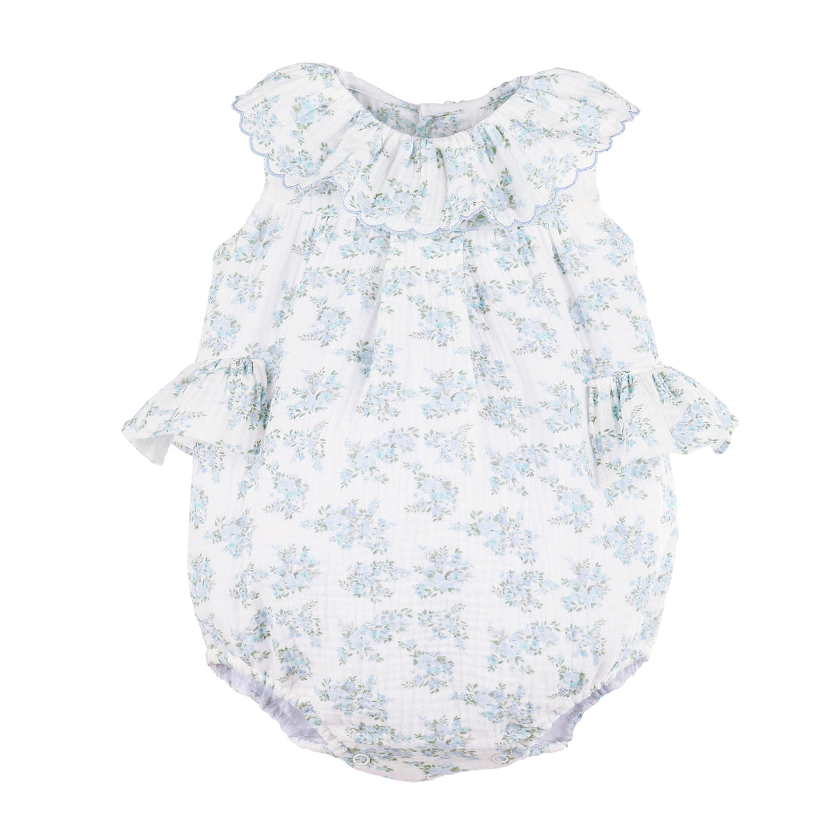 Baby romper with a blue floral pattern and side ruffles on a white background
