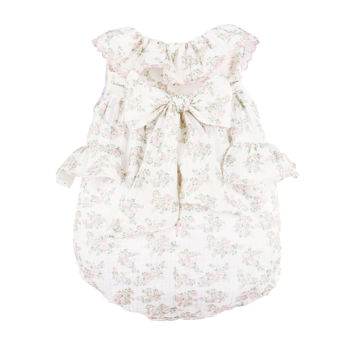 Back view of a pink floral baby romper with side ruffles on a white background.