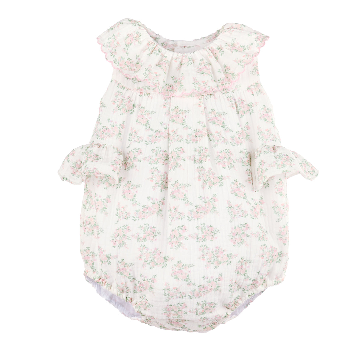 Pink floral-patterned baby romper with side ruffles on a white background.