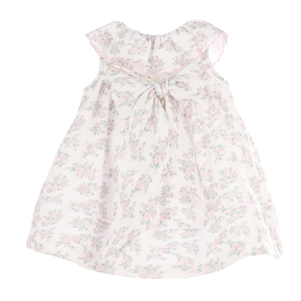 Back view of a pink floral dress with a bow on a white background.