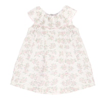 Pink floral dress with ruffle for collar on a white background.