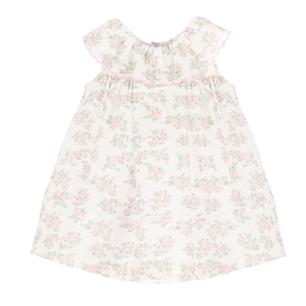 Pink floral dress with ruffle for collar on a white background.