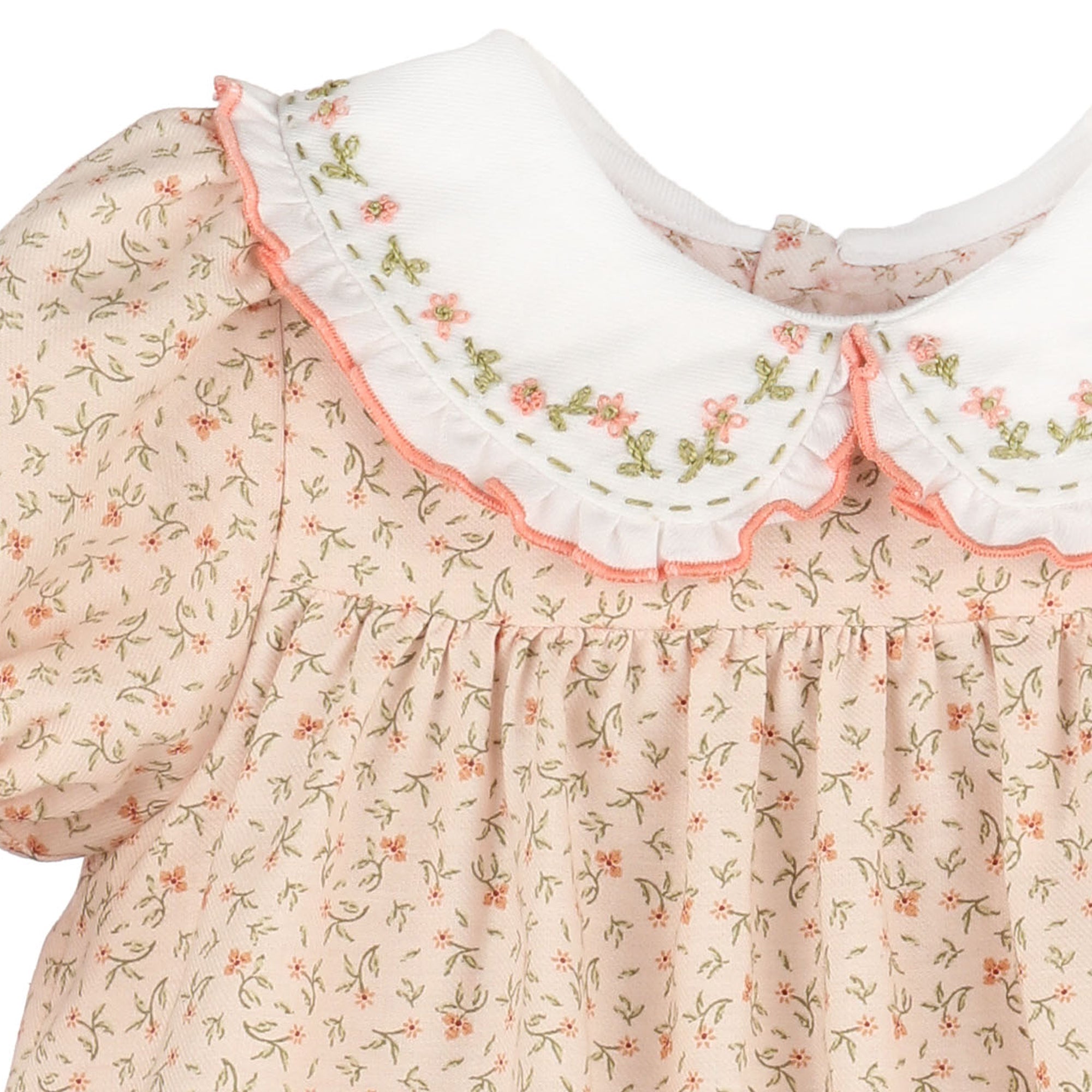 Close-up of a dress with a cream-colored collar featuring pink floral embroidery and a ruffled pink trim, paired with a light peach fabric printed with small green and pink flowers.