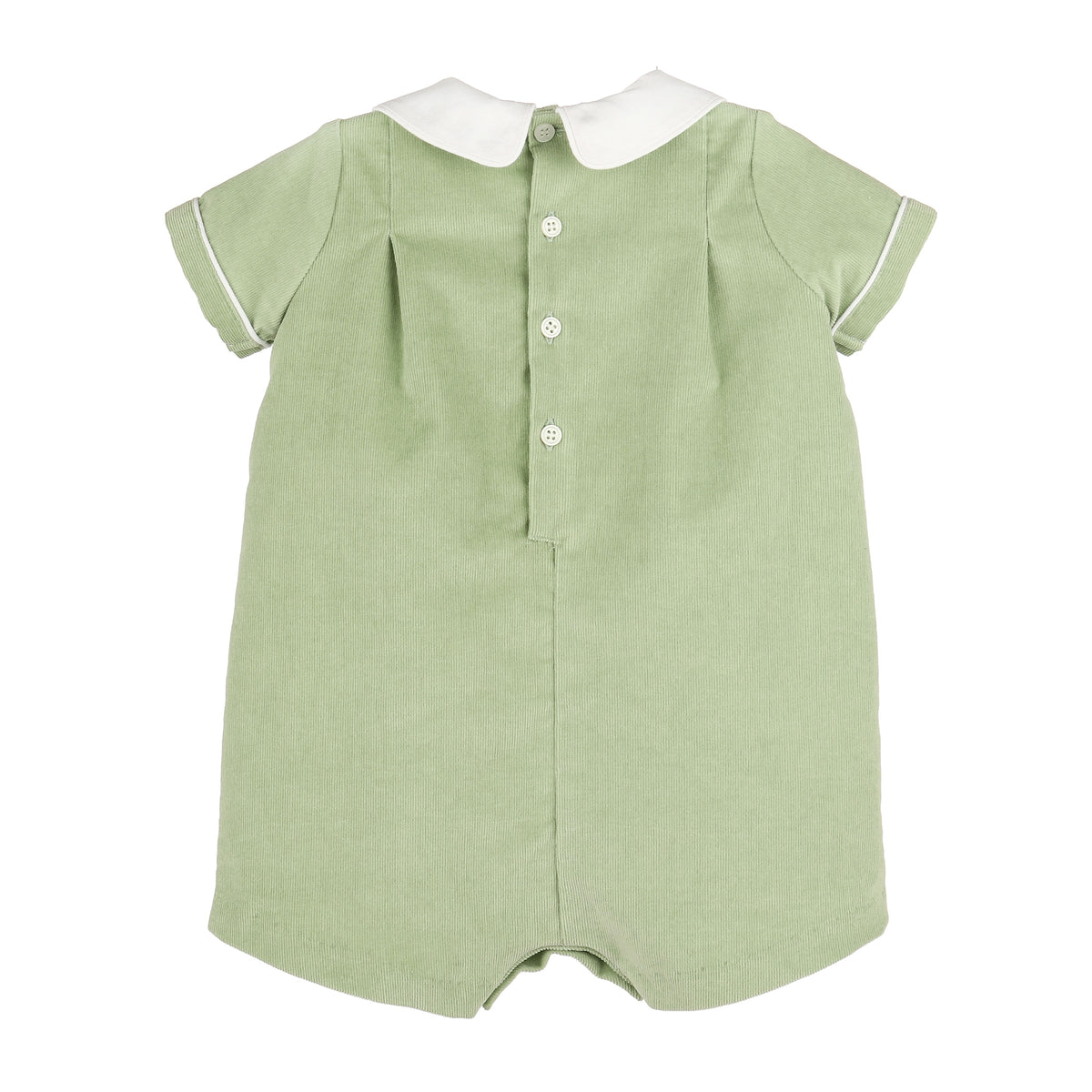 A sage green short-sleeve romper with a white Peter Pan collar, white button placket, and white piping on the sleeve cuffs, shown against a plain white background.