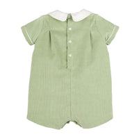 A sage green short-sleeve romper with a white Peter Pan collar, white button placket, and white piping on the sleeve cuffs, shown against a plain white background.