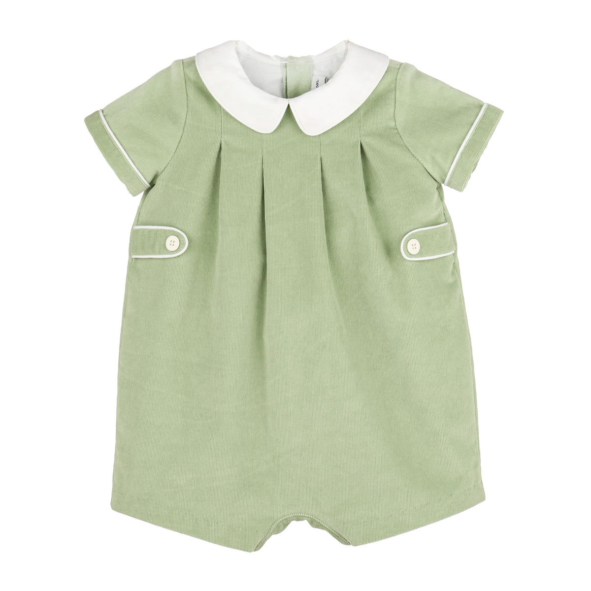A short-sleeve romper in sage green with a white Peter Pan collar and white piping details, shown against a plain white background.