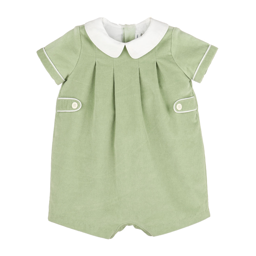 A short-sleeve romper in sage green with a white Peter Pan collar and white piping details, shown against a plain white background.
