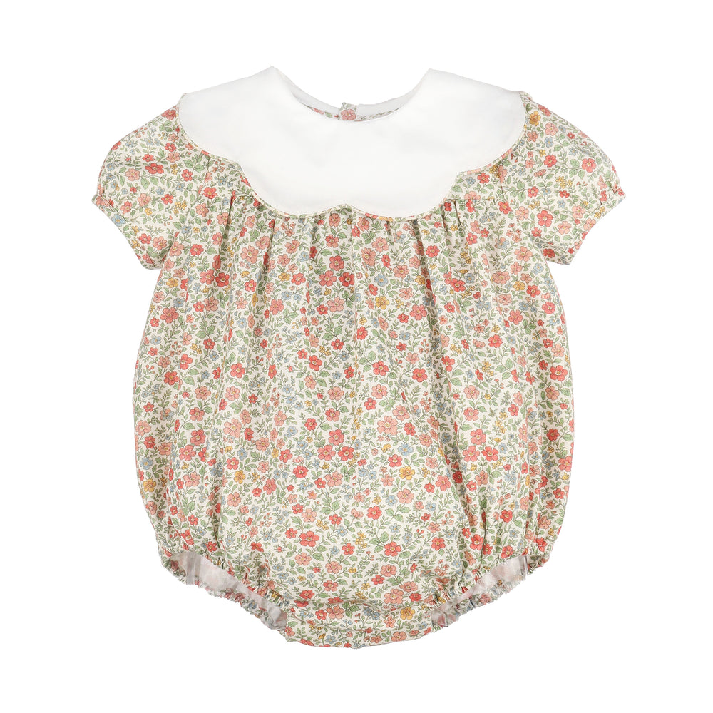 A short-sleeve bubble romper with a white Peter Pan collar, featuring a delicate red and green floral print on a light beige background.