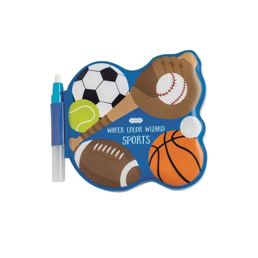 Coloring book with sports-themed illustrations and a pen on a white background.