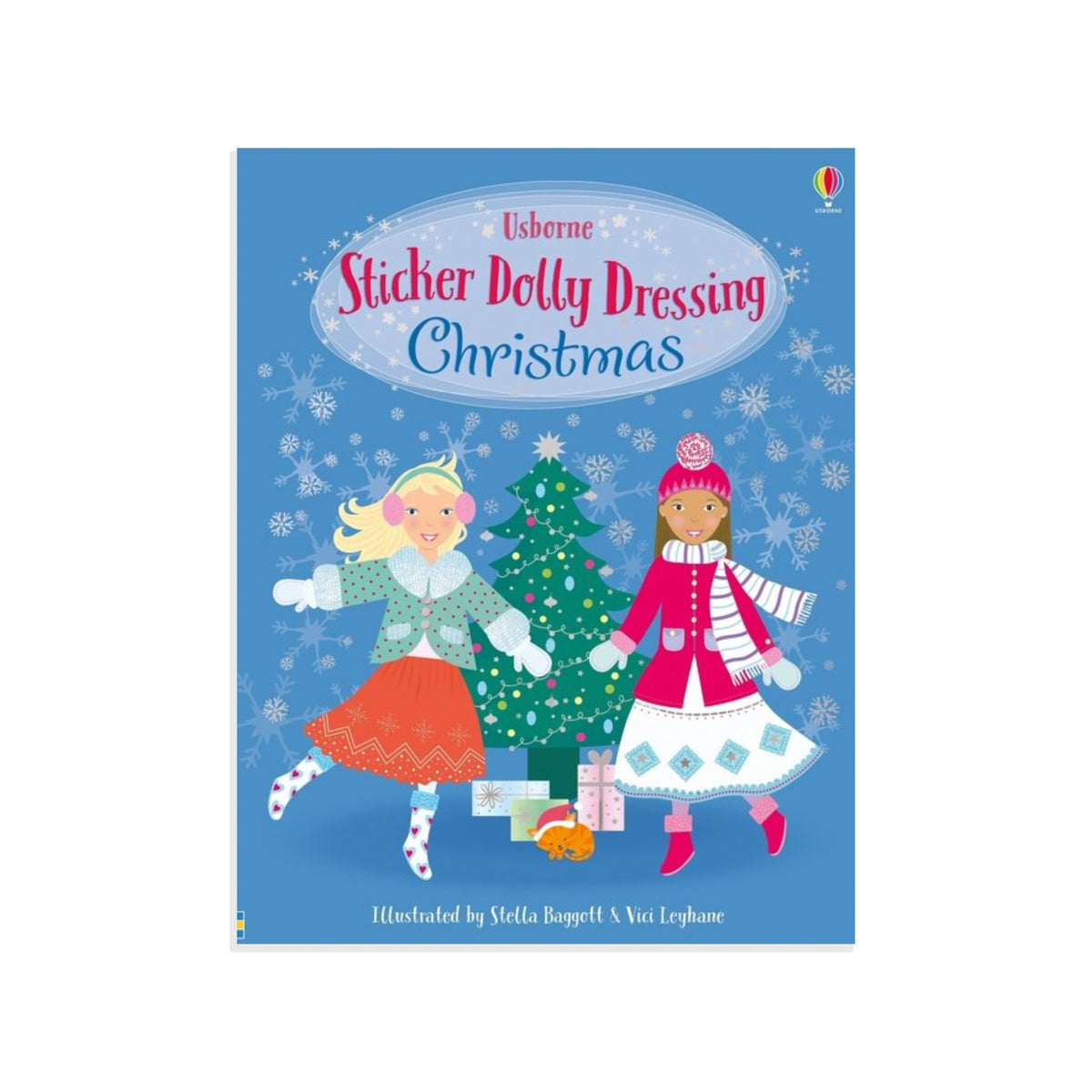 Book cover of 'Sticker Dolly Dressing Christmas' by Usborne with two dolls and a Christmas tree on a blue background.