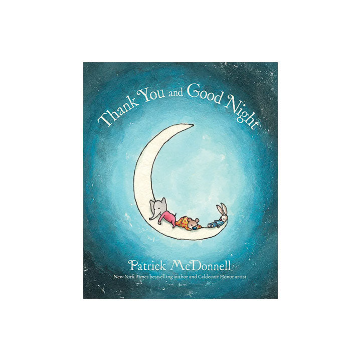 Book cover of 'Thank You and Good Night' with a crescent moon and children illustration on a blue background.