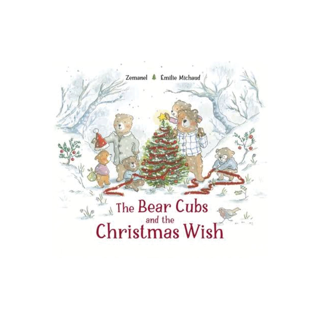 Book cover for 'The Bear Cubs and the Christmas Wish' by Zemanek and Emilie Michaud, featuring a winter illustration of bear cub characters decorating a Christmas tree on a white background.