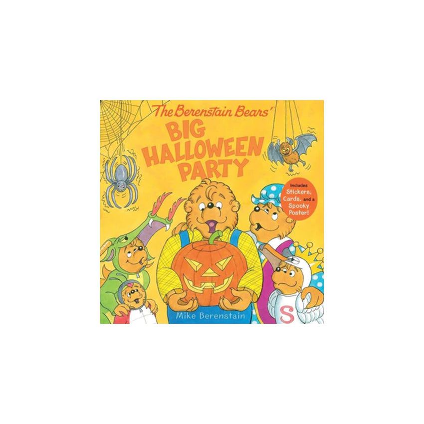 The Berenstain Bears' Big Halloween Party book cover by Mike Borenstain, featuring cartoon bear characters in Halloween costumes on a bright yellow background.