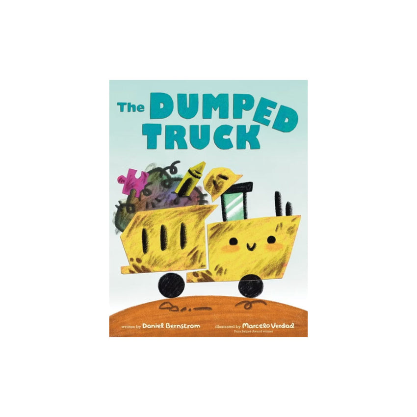 Children's book cover for 'The Dumped Truck' featuring a yellow smiling dump truck filled with colorful trash on a light blue background.