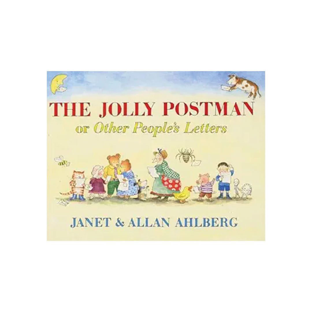 The Jolly Postman or Other People's Letters book cover by Janet & Allan AHLBERG, featuring a cream background with colorful cartoon illustrations of children, animals, and a postman on a light blue sky at the top.
