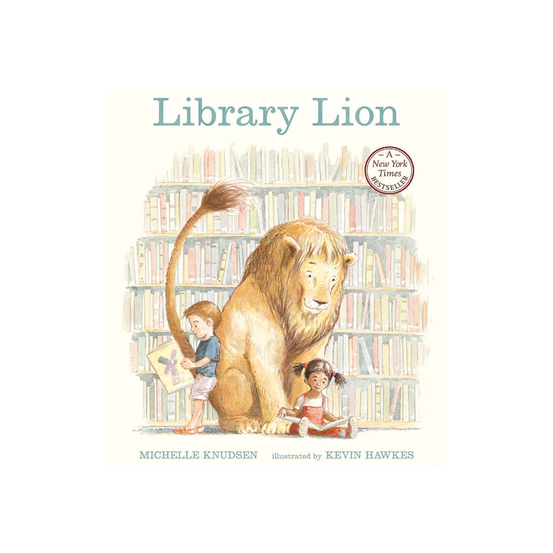 Children's book cover for 'Library Lion' by Michelle Knudsen, illustrated by Kevin Hawkes. The cover features an illustration of a lion sitting in a library with two children reading on the bookshelves.